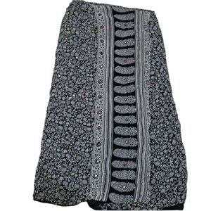 Rene Derby Black & White Print Wrap Skirt Mirrored Beads Rayon LG